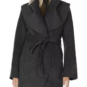 Tahari Marla Shawl-Collar Wrap Coat Wool black size medium